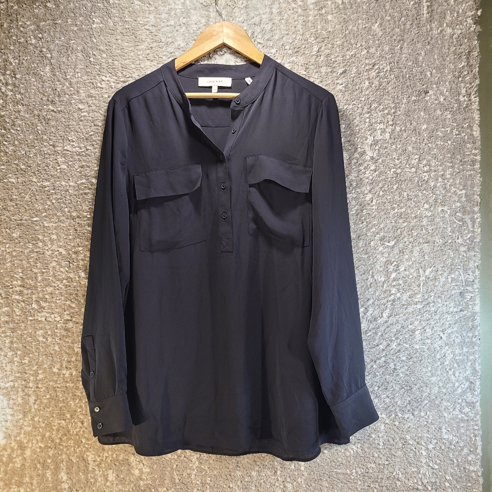 Lark & Ro Women Dark Navy Long Sleeve Blouse Size 12 Polyester 1/2 Button Up NWT
